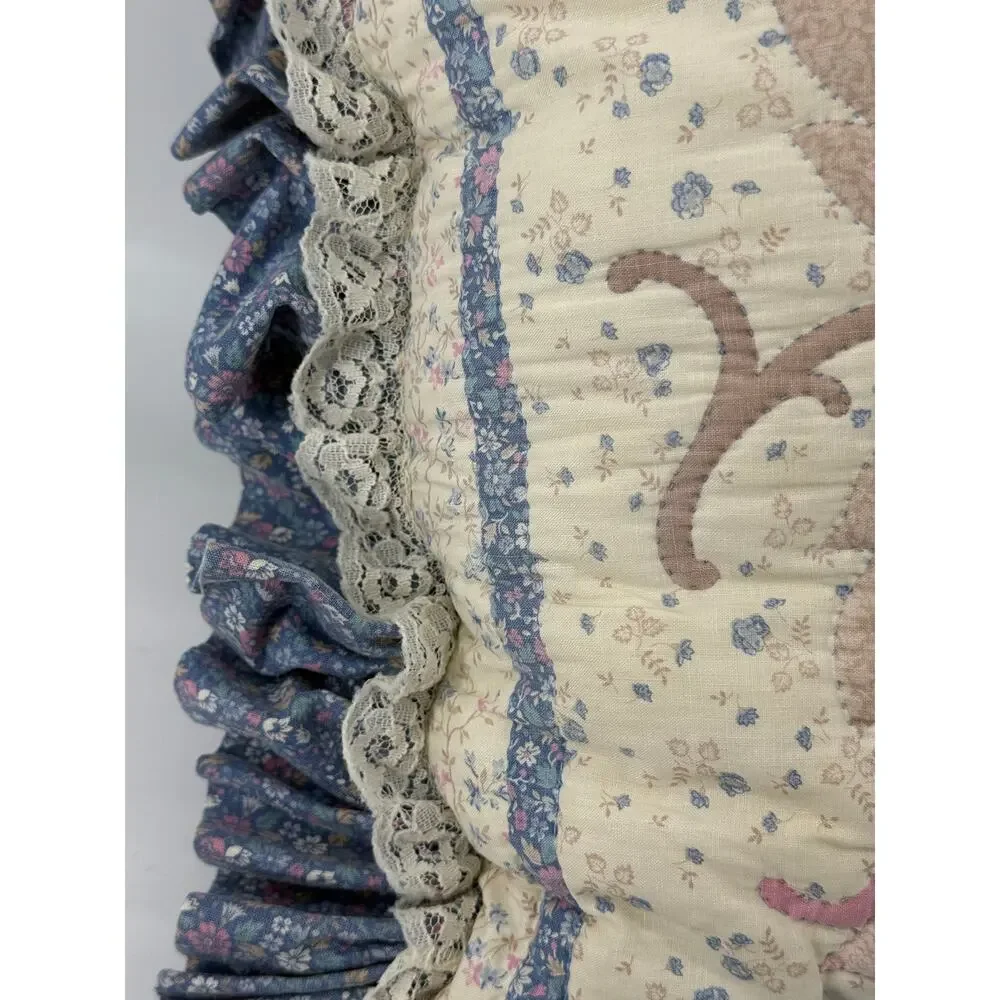 Quilted Floral Throw Pillows Pair Ruffle Lace Trim Blue Pink Cottage Vintage